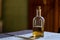 Selective focus shot of a bottle of Tequila on a table with a burred background
