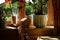 Selective focus shot of flowerpots on a windowsill with a wooden swan decoration