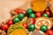 Selective focus shot of gingerbread Christmas cookies and candies