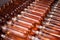 Selective focus shot of a heap of bottles of rose wine