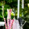 Selective focus shot of multi-colored plastic straws in a tall clear glass