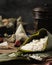 Selective focus shot of preparation of rice dumpling with banana leaves