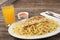 Selective focus shot of tasty appetizing classic Italian spaghetti pasta with meat and juice