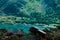 Selective focus shot of the top of a rocky grass-covered cliff with a forested mountain behind