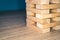 Selective focus shot of a wooden Jenga game tower