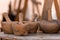 Selective focus shot of wooden mortars and pestles