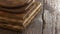 selective focus of stack of different wooden cutting boards on wooden table