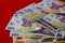 Selective focus on stack of LEI romanian money. Lei banknotes isolated