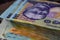 Selective focus on stack of LEI romanian money. Lei banknotes isolated