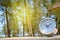 Selective focus of Table clock on wood with forest background with sun flare. Clock show time ten past ten. Copy space.