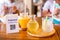 Selective focus to payment QR code tag with Lemongrass juice and Orange juice