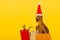 Selective focus of toy dinosaurs in santa hat and shopping bags