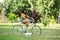 Selective focus of woman cycling near