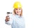 Selective focus of woman engineer showing coffee to go cup