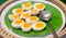 Selective Focused Halved Boiled Chicken Eggs served in green banana leaf tray. Traditional Thai Street Comfort Food, Asian Cuisine