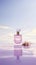 Selective and luxurious perfumes. Close up of glass transparent perfume bottle on the background of a purple sunset.