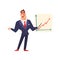 Self confident businessman pointing at a whiteboard with growth graph at a presentation, successful business character