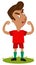 Self-confident, proudly standing South American Cartoon soccer player wearing red shirt showing off his strength