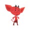 Self-confident smiling red devil stands isolated on white background. Flat cartoon fictional character with little horns