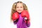Self defence concept. Girl boxer knows how defend herself. Girl child strong with boxing gloves posing on white