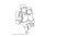 Self drawing animation of single line draw group of happy boy and girl elementary school student carrying school bag and giving
