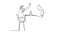 Self drawing animation of single line draw two young happy couple man and woman work at cafe and giving high five gesture to