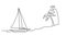 Self drawing line animation of beautiful sailboat yacht sailing near tropical beach with palm trees