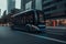 Self driving bus. Autonomous bus driving in city.