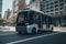 Self driving bus. Autonomous bus driving in city.