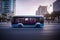 Self driving bus. Autonomous bus driving in city.