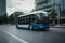 Self driving bus. Autonomous bus driving in city.