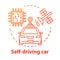 Self-driving car concept icon. Driverless, robotic automobile. Auto, microchip, satellite. Autonomous smart vehicle idea
