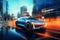 A self driving electric car navigating city streets modern futurism background