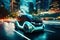 A self driving electric car navigating city streets modern futurism background