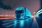 Self driving futuristic freight truck deliver goods to warehouse on city highway