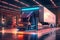 A self-driving truck showcased in a futuristic loading dock, with robotic arms and advanced logistics systems. Concept the