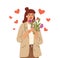 Self love concept. Love yourself, woman hold flowers. Season bouquet, girl with flying hearts. Isolated cute stylish
