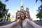 Self portrait with Sao Jose church in Belo Horizonte, Minas Gerais, Brazil