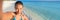 Selfie Asian woman relaxing on beach vacation smiling at camera taking photo in bikini woman on summer holiday in