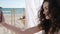 Selfie beautiful girl near sea, photo phone of female that resting at beach, smiling girl Does Selfphoto on ocean shore,