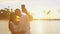 Selfie couple romantic at sunset on vacation taking photo in love at beach