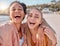 Selfie, excited and portrait friends at the beach for bonding, weekend and holiday in Miami. Happy, comic and women with