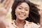 Selfie, face and frame with a black woman taking a photograph outside during a bright summer day. Portrait, beauty and