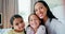 Selfie, face and mother with children in bedroom, smile and bonding together in home. Portrait, kids and mom with