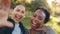 Selfie, fitness and friends laughing in the park during a workout in summer for health or wellness. Funny face, exercise