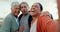 Selfie, funny and woman with her senior parents on a family, tropical and island holiday on beach. Laughing, selfie and