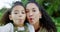 Selfie, happy and mother and girl in park with silly kiss face for summer, bonding and social media. Family, funny and