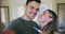Selfie, home and couple with pregnancy test, excited and post with happiness, celebration and memory. Portrait, man and