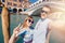 Selfie lover couple taking photo travel Venice, Italy against backdrop great canal and bridge