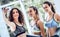 Selfie mania in gym! Three girlfriends in fashionable sport outfits are posing for a selfie photo